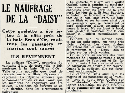 A short newspaper column from Le Soleil announcing the loss of the schooner
                    Daisy, dated 6 July 1923.